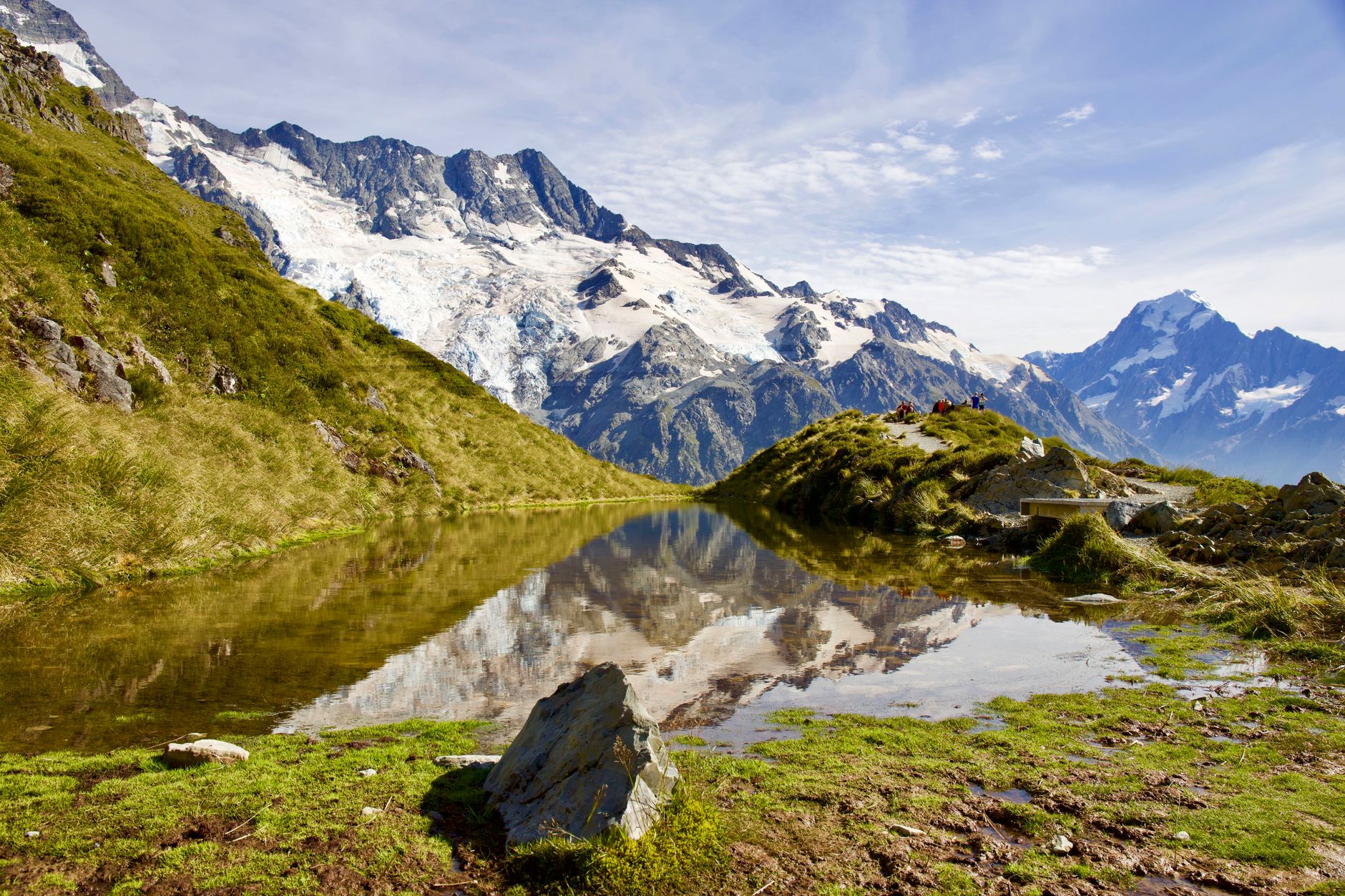 Stunning mountain reflection in alpine lake, New Zealand Southern Alps